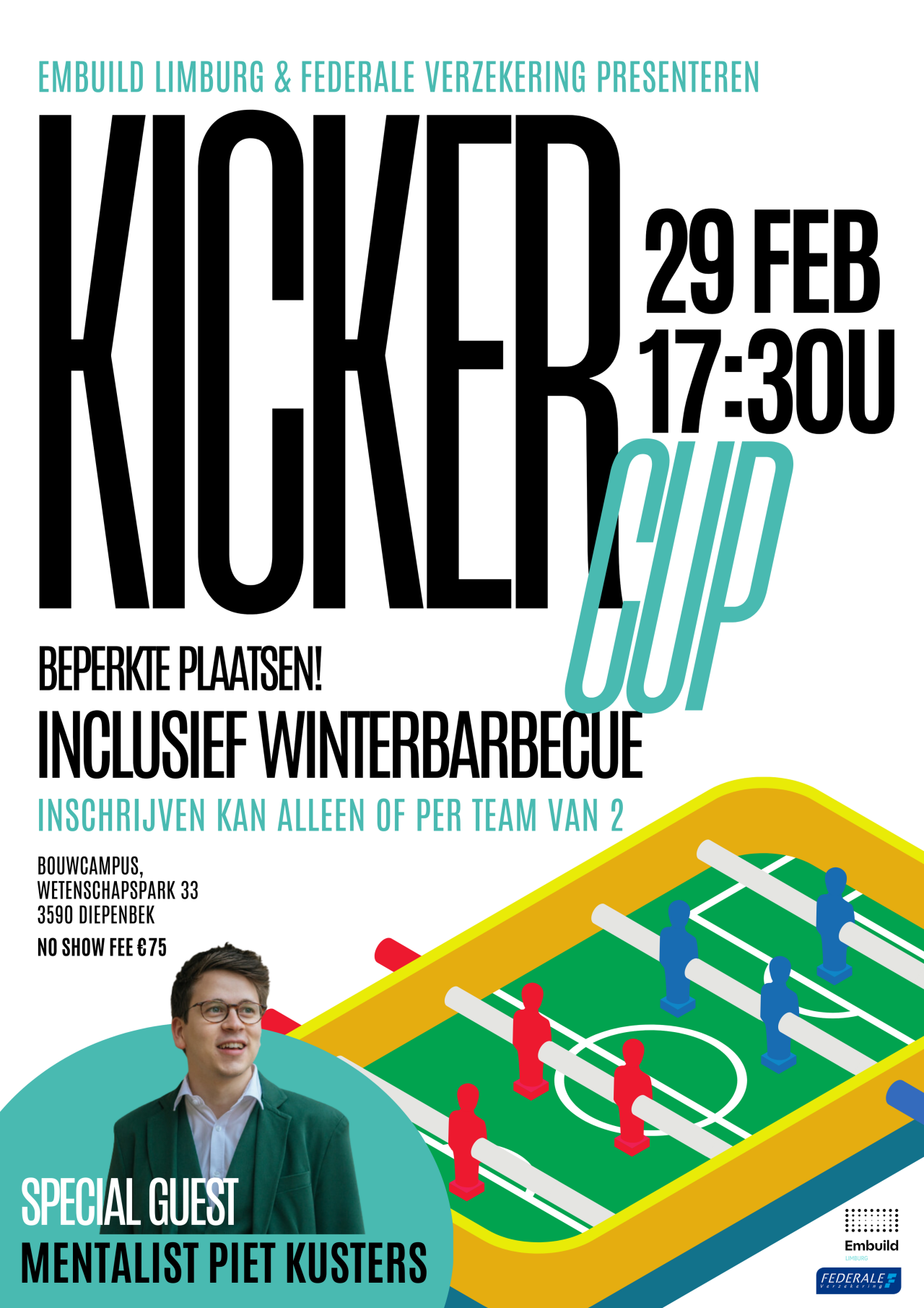 Uitnodiging Kickercup by Embuild Limburg en Federale Verzekering 29 februari 2024